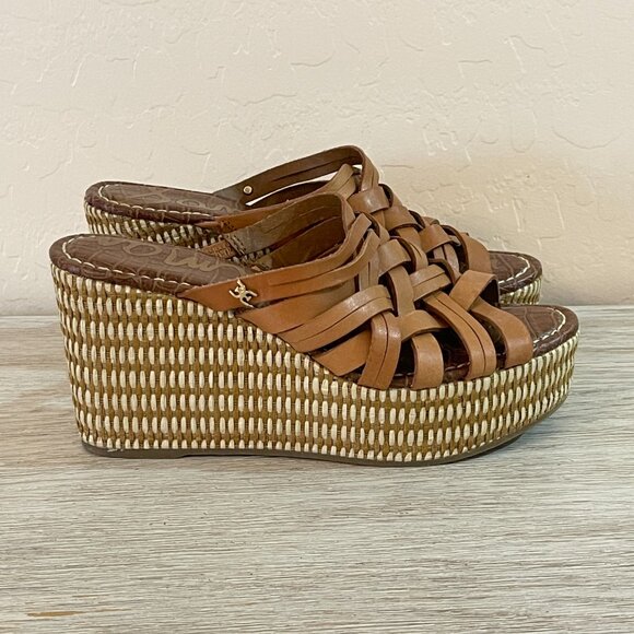 Sam Edelman Sandals Devon 6.5 Tan Leather Woven Platform Wedge Slides - Picture 9 of 12
